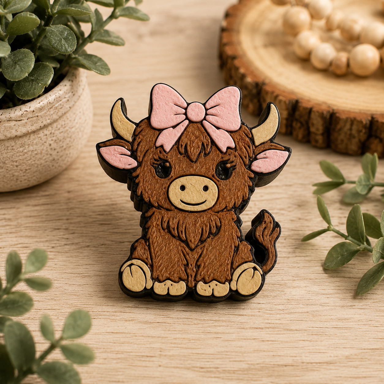 Highland Cow w/bow Straw Topper
