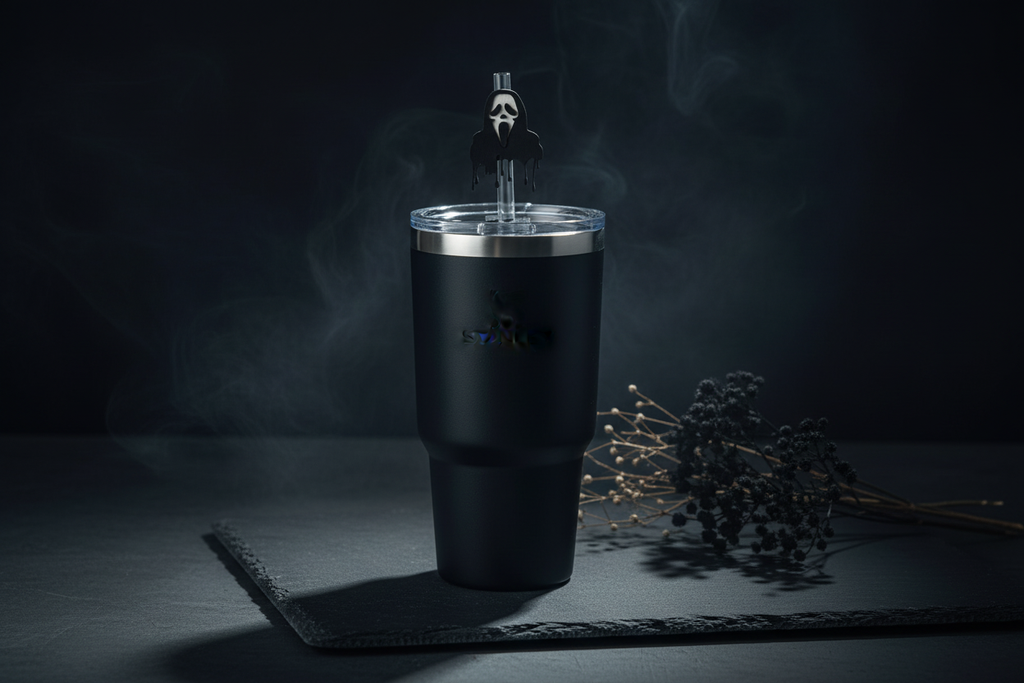 Ghost Face Straw Toppers on Stanley Tumbler